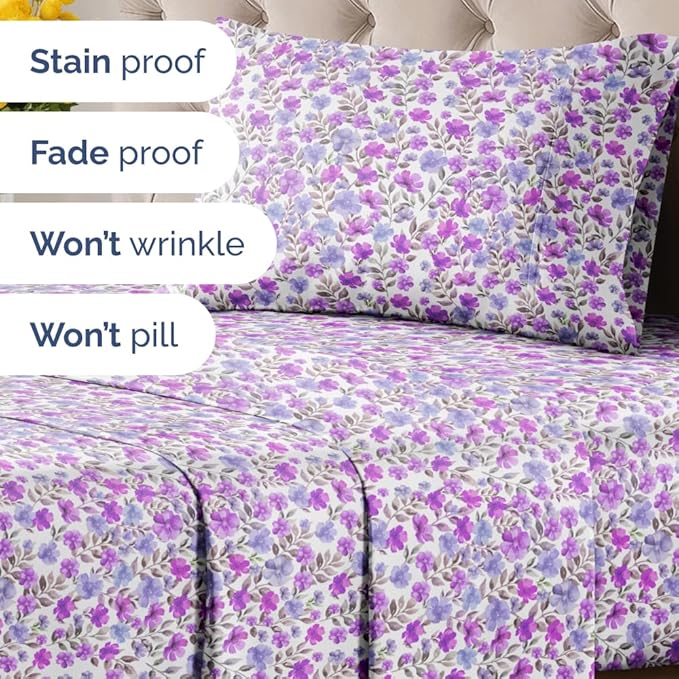 Floral Sheets - Purple Floral Bed Sheet Set - 1 Flat, 1 Fitted & 1 Pillowcase w/ Deep Pockets - Comfy, Wrinkle & Fade Free Boho Botanical Bedding - Ultra-Soft, Breathable and Cooling - Twin Size New