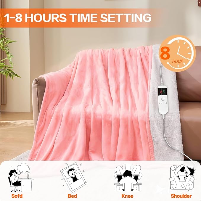 Electric Heated Blanket Throw Size 50''x60''-Control Heating Blanket, Soft & Warm Flannel 10-Level Temperature Control, 8 Hours Auto Off, Rapid Heating & Overheat Protection