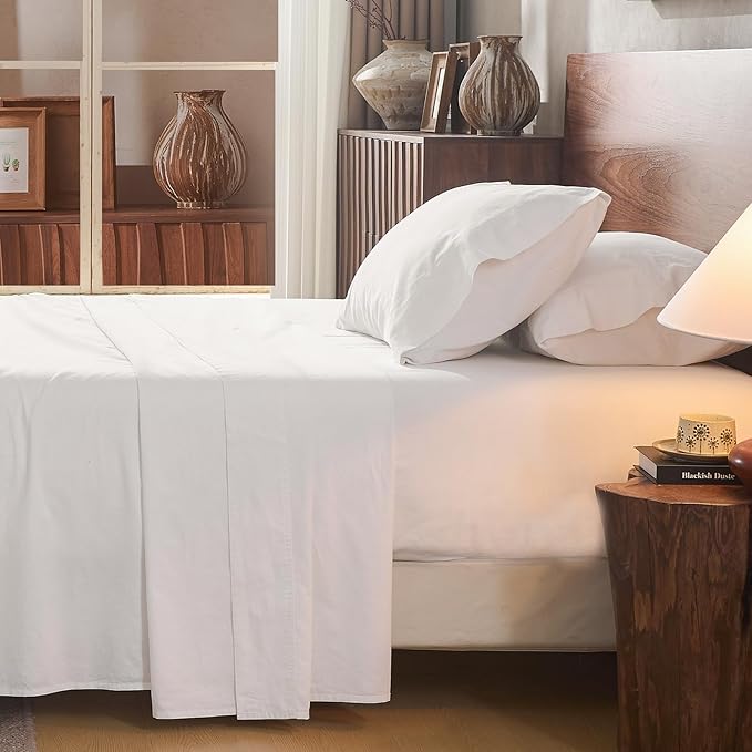100% Linen Sheet Set King Size Extra Deep Pocket Fits 18-24 Inch Mattress, Breathable & Soft, Smooth 4-Piece Set for Thick Mattresses Hotel Luxury Bedding（King, White）