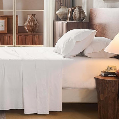100% Linen Sheet Set King Size Extra Deep Pocket Fits 18-24 Inch Mattress, Breathable & Soft, Smooth 4-Piece Set for Thick Mattresses Hotel Luxury Bedding（King, White）