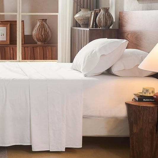 100% Linen Sheet Set King Size Extra Deep Pocket Fits 18-24 Inch Mattress, Breathable & Soft, Smooth 4-Piece Set for Thick Mattresses Hotel Luxury Bedding（King, White）