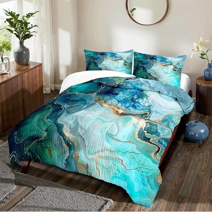 Turquoise Marble Comforter Set Queen Size Teal Blue Abstract Bedding Set Women Men Modern Aesthetic Comforters 3 Piece Gold Marbling Art Bed Sets Soft Lightweight Microfiber Comforter Sets
