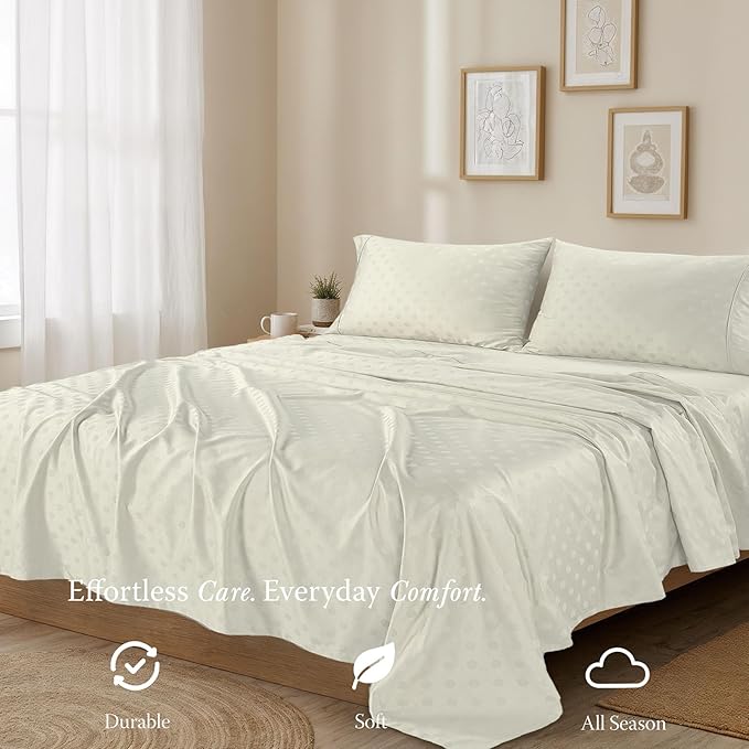 Threadmill 100% Cotton Sheets for King Size Bed | 4 Pc King Bed Sheets Set | Soft, Breathable Lightweight Damask Sateen for All-Season Use | Snug Fit Elastic Deep Pocket King Sheets | Ivory