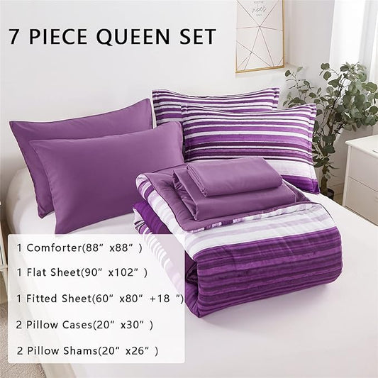 KAKIJUMN 7 Piece Bed in a Bag Stripe Comforter Set King Size, White and Purple Patchwork Striped Comforter and Sheet Set, All Season Soft Microfiber Complete Bedding Sets(Purple,King)