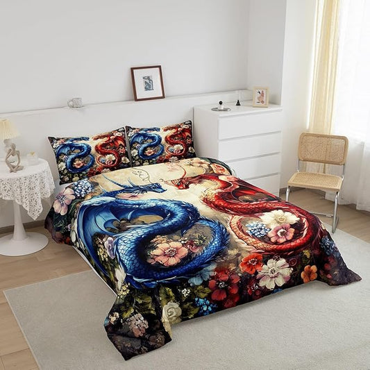 Castle Fairy Chinese Loong Kids Comforter Set,Wild Animals Dragon Bedding Set All Season,Watercolor Flowers Comforter 2 Pcs with 1 Pillowcase,Toddler Size