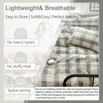 EAVD Green Gingham Comforter Set Queen 3 Pieces Grid Plaid Comforter Set Modern Simple Grid Checkered Bedding Set with 2 Pillowcases Reversible Gingham Bedding Set for Boys Women Men