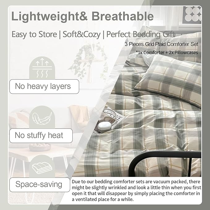 EAVD Green Gingham Comforter Set King 3 Pieces Grid Plaid Comforter Set Modern Simple Grid Checkered Bedding Set with 2 Pillowcases Reversible Gingham Bedding Set for Boys Women Men