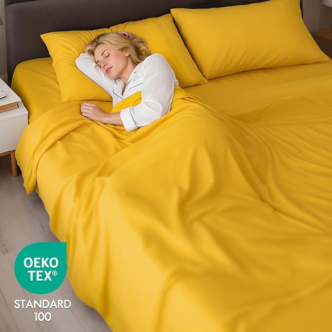 ClevaHome Queen Sheet Set, 4-Piece Bed Sheets for Queen Size Bed, Lightweight & Super Soft Easy Care Microfiber– Shrinkage & Fade Resistant Bedding Set with 14'' Deep Pockets (Mustard)