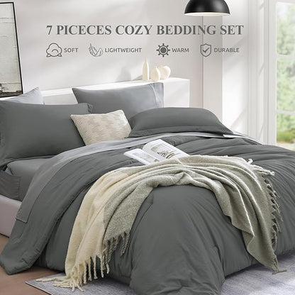 WRENSONGE King Size Comforter Set- 7 Pieces Soft Grey Bed in a Bag with Fitted Sheet, Flat Sheet, 2 Pillow Shams, and 2 Pillowcases- Warm Bedding Set for All Season