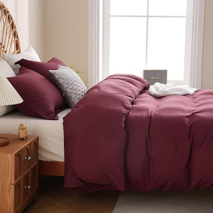 JSD Burgundy Duvet Cover Set King Size, 3 Piece Duvet Cover with Pillow Shams, Soft Brushed Microfiber Zipper Closure, Comforter Not Included