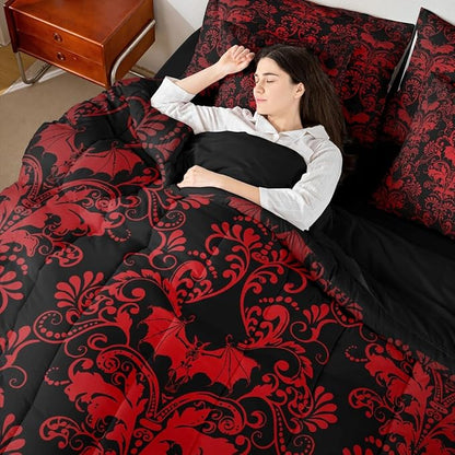 Erosebridal Gothic Damask Bed in a Bag King Size Comforter Set 7 Pieces,Halloween Bat Bedding Sets Red Black Victorian Floral Goth Sheet Set with Comforter