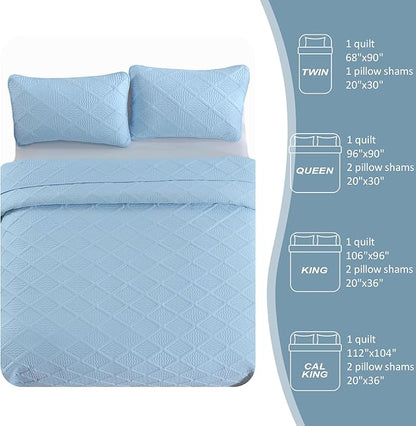 Yiran Ash Blue Quilt Set Queen Size, 3 Piece Reversible Bedspreads Bedding Set, Fall Diamond Pattern Coverlet for All Season with 2 Pillow Shams (Full/Queen, 96x90 Inch)