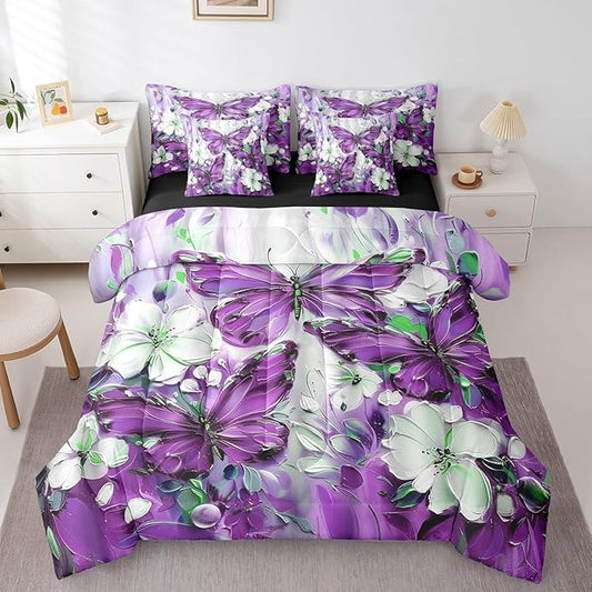 Erosebridal 7 Piece Purple Butterfly Twin Comforter Set with Sheets for Girls Teen Women,White Flowers Oil Painting Boho Bed in A Bag Floral Butterfly Bedding Set,Retro Bohemian Animal Bed Set