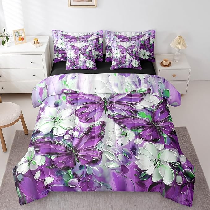 Erosebridal 7 Piece Purple Butterfly King Comforter Set with Sheets for Girls Teen Women,White Flowers Oil Painting Boho Bed in A Bag Floral Butterfly Bedding Set,Retro Bohemian Animal Bed Set