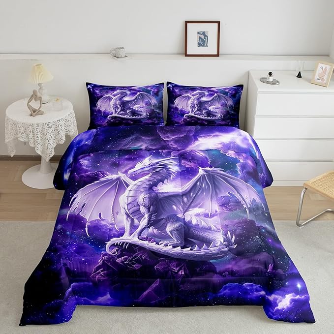 3D Dragon Comforter Set Queen Size,Galaxy Starry Sky Bedding Set for Kids Boys Girls Room Decor,Glitter Nebula Outer Space Duvet Insert 3Pcs,Western Magical Animal Purple Quilt Set,2 Pillowcases