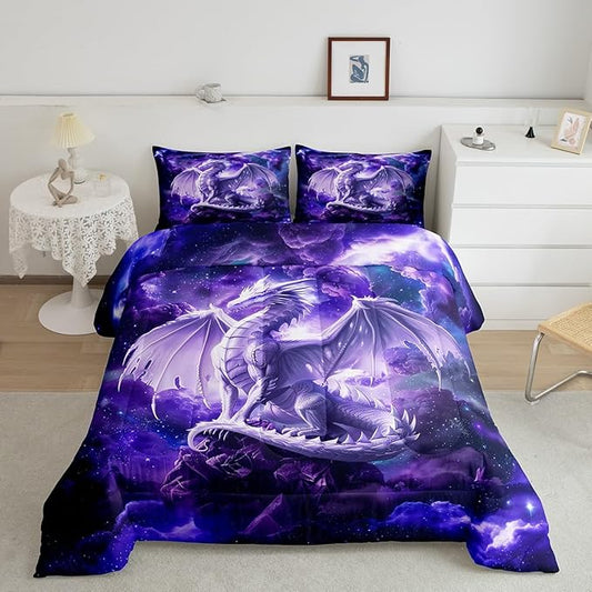 3D Dragon Comforter Set King Size,Galaxy Starry Sky Bedding Set for Kids Boys Girls Room Decor,Glitter Nebula Outer Space Duvet Insert 3Pcs,Western Magical Animal Purple Quilt Set,2 Pillowcases