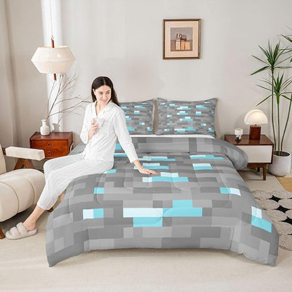 Pixelated Blocks Miners Comforter Set King Size,Video Games Game Gamepad Kids Bedding Set,Geometric Grid Patchwork Quilt Comforter,Gray Blue Duvet Insert,2 Pillowcases