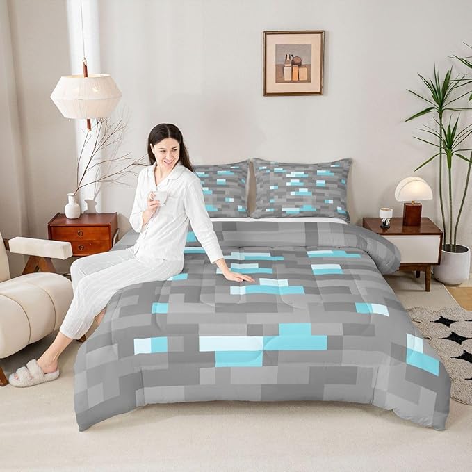 Pixelated Blocks Miners Kids Comforter Set Full Size,Video Games Game Gamepad Bedding Set,Boys Room Decor,Geometric Grid Patchwork Quilt Comforter,Gray Blue Duvet Set Bedroom Quilt Set,2 Pillowcases