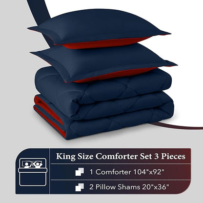 downluxe King Size Comforter Set - Red and Navy King Comforter, Soft Bedding Sets for All Seasons -3 Pieces - 1 Comforter (104"x92") and 2 Pillow Shams(20"x36")