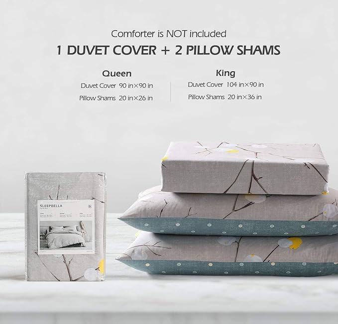SLEEPBELLA Duvet Cover King, 600 Thread Count Cotton Grey Branch with Yellow Turquoise Polka Dot Pattern Green Reversible Comforter Cover(King, Grey Branches)