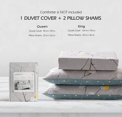 SLEEPBELLA Duvet Cover King, 600 Thread Count Cotton Grey Branch with Yellow Turquoise Polka Dot Pattern Green Reversible Comforter Cover(King, Grey Branches)