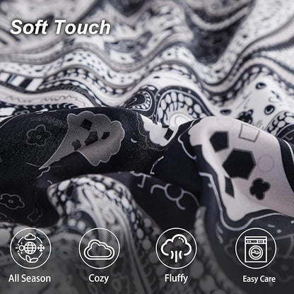 DJY Black Paisley Comforter Set Full Size 7 Piece Bed in a Bag Black and Grey Boho Paisley Pattern Comforter Set Soft Lightweight Microfiber Reversible Bedding Set for All Season