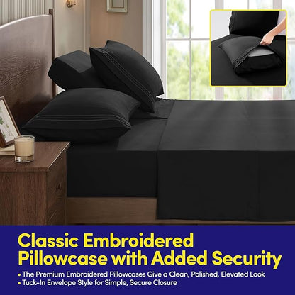 Split Head King Sheets Set for Adjustable Beds 4 Piece Flex Top Bed Sheets – Deep Pocket Split Top Fitted Sheet with Built-in Corner Straps, Luxury Soft Cooling Bedding, Wrinkle Resistant, Black