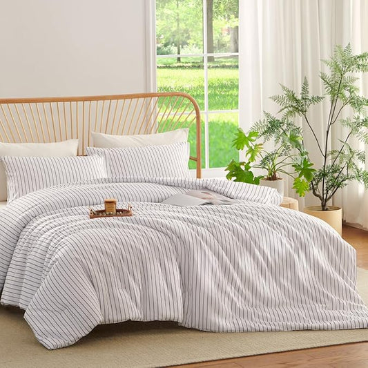Striped Comforter Set Queen Size Light Tannish Grey White Stripes Bedding Set for All Season, 3 Pieces Lightweight Bedding Comforter Sets with 2 Pillowcases