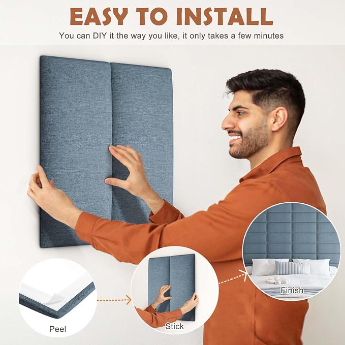 IFNOW Wall Mounted Headboard, Peel and Stick Panels, Dusty Blue, Queen | 3D Soundproof Acoustic Padding, Reusable and Removable Tufted fabric Bed Headboard for bedroom (9 Panels, 10" x 24")