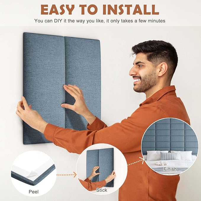 IFNOW Wall Mounted Headboard, Peel and Stick Panels, Dusty Blue, King | 3D Soundproof Acoustic Padding, Reusable and Removable Tufted fabric Bed Headboard for bedroom (12 Panels, 10" x 24")