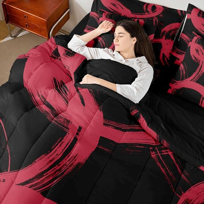 Erosebridal Black and Red 7 Piece Comforter Set King Abstract Line Ink Painting Bedding Set for Kids Boys Girls Simple Minimalist Graffiti Art Modern Geometric Sheet Set Boho Cool Unique Mens Quilt