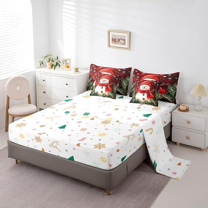 Castle Fairy Snowman with Red Scarf 7 Pieces Bedding Set Queen Bed in a Bag,Rustic Pine Leaves Botanical Plants Comforter Set,Geometric Snowflakes Red Tie Dyed Soft Warm Microfiber Bedding