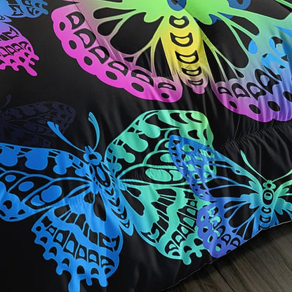 Axolotl Colorful Butterflies Bedding Set,Queen Size Kids Bed Set,Gradient Butterfly Comforter Set,1 Quilt with 2 Pillowcases for Boys Girls Kids Teens Children Adults Room Decor All Season,Black
