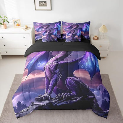 Feelyou Medieval Fantasy Dragon Comforter Set 7 Pieces King Size Ancient Wildlife Bedding Set for Boys Girls Fairy Bed in a Bag with Comforter, Sheets, Pillowcases & Cushion Covers