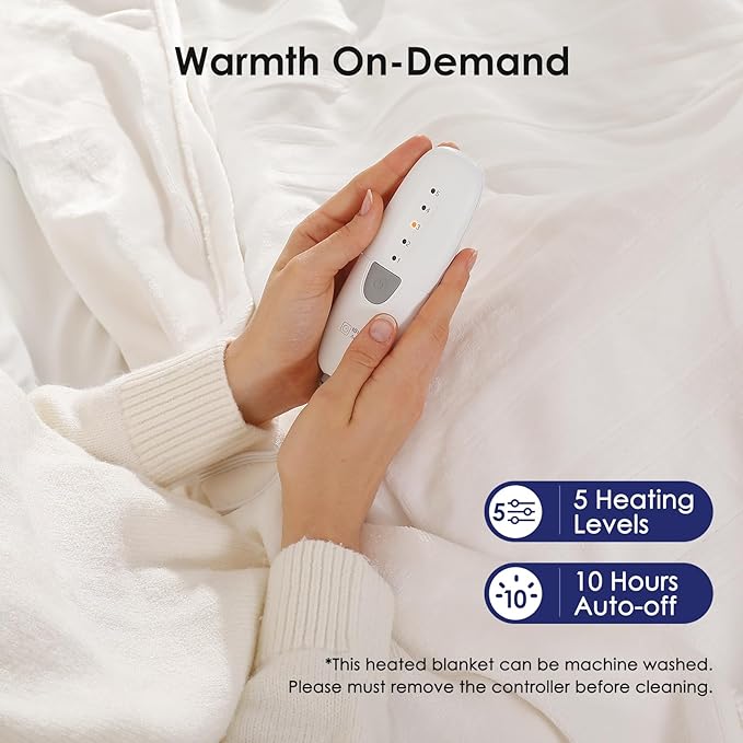 Heated Blanket King Size Electric Blanket 100''X90'' - Fast Heating Blanket Ultra Soft Flannel, Dual Controllers with 5 Heat Levels & 10 Hrs Timer, Machine Washable King Heated Blanket, White