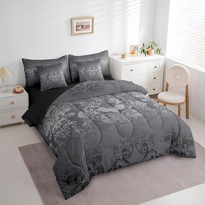 Erosebridal Gothic Damask Comforter Set 7 Piece Bed in a Bag Twin,Halloween Bat Bedding Sets Silver Gray Victorian Floral Goth Sheet Set with Comforter