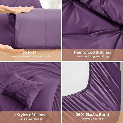 Sasttie Twin XL Comforter Set, 5-Piece Bed in a Bag, Pintuck Bedding Sets for All Season, Includes Comforter, Flat Sheet, Fitted Sheet, Pillowcase and Pillowsham, Grape Purple
