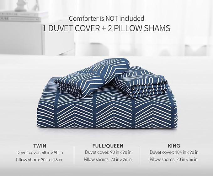 SLEEPBELLA Navy and White Duvet Cover Set, 100% Cotton Bedding, Chevron Geometric Pattern, with Button Closure (3pcs, Queen Size)