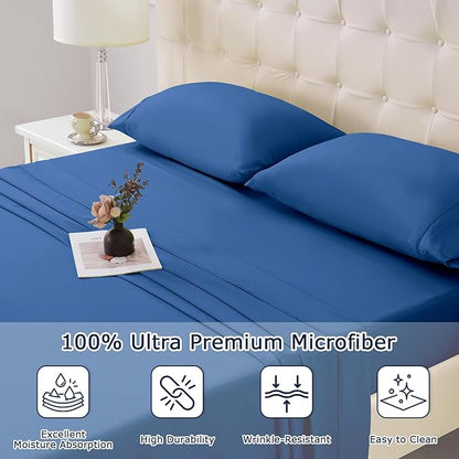 Twin Size Bed Sheet Set - 3 Piece Soft Microfiber Sheets with Deep Pockets, Cooling Technology, and Wrinkle-Free Pillowcase. Hotel-Quality, Durable Bedding, Prussian Blue