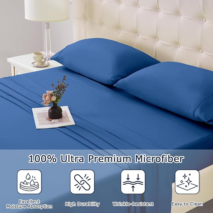 Queen Size Bed Sheet Set - 4 Piece Soft Microfiber Sheets with Deep Pockets, Cooling Technology, and Wrinkle-Free Pillowcase. Hotel-Quality, Durable Bedding, Prussian Blue