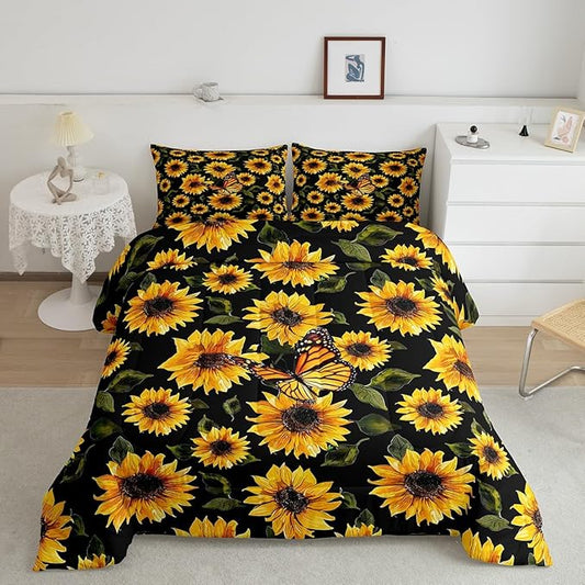 Feelyou Sunflower Bedding Set Girls Yellow Floral Butterfly Comforter Chic Flowers Pattern Comforter Set for Kids Teens Botanical Nature Duvet Set Ultra Soft Room Decor Full Size…