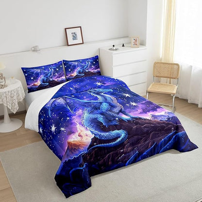 Dragon Comforter Set King Size,Starry Sky Mountains Bedding Set for Kids Girls Boys Room Decor,Blue Purple Western Magical Quilt Set 3Pcs,Wild Animal Trippy Duvet Insert,2 Pillowcases