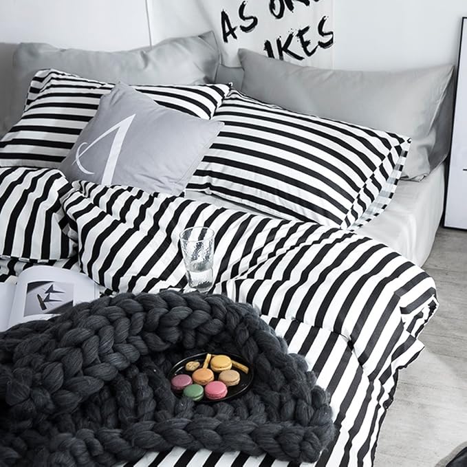 CLOTHKNOW Striped King Size Comforter Set Black and White Bedding Comforter Sets Soft Farmhouse Ticking Comforter with 2 x Pillow Cases