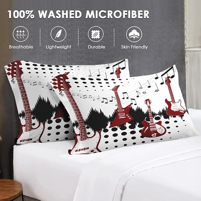Twin Size Comforter Set with Pillowcase, Guitar Rock Music 2 Pcs Bedding for Kids and Adults, Musical Play Soft Comforter Set for Bedroom Bed Decor