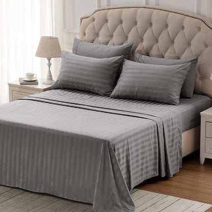 SLEEP ZONE Striped Cooling Queen Sheets Set - Fitted Flat Sheet & Pillowcase Sets 4 Piece - Super Soft Stripe Bed Sheet, Easy Care, Deep Pocket (Gull Grey, Queen)