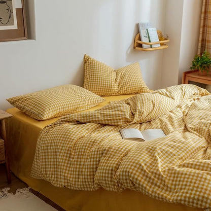 mixinni Yellow Gingham Comforter Set King, Plaid Comforter Set 3 Pieces 1 Yellow Grid Comfoter with 2 Pillow Cases for All Seasons, Soft Fluffy Modern Grid Pattern Printed Bedding-King Size