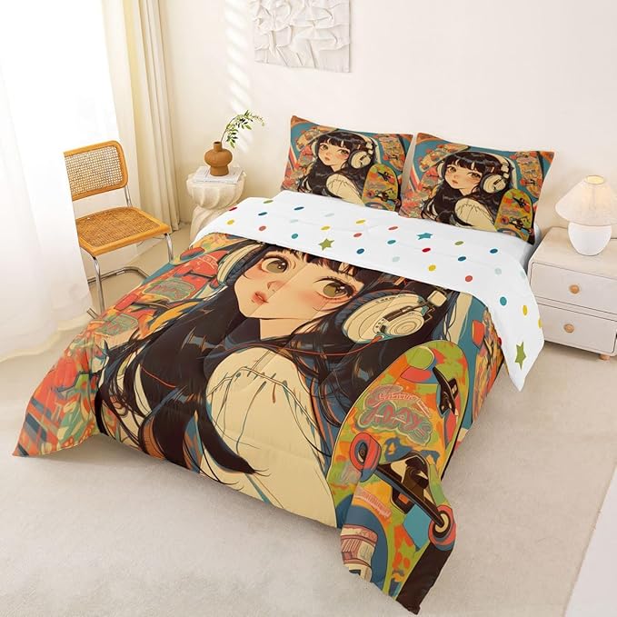 Erosebridal 3Pcs Anime Bedding Fashion Street Girls Comforter Set 3D Cartoon Printed Comfortable Soft Bed Set for Kids Boys Girls Teens Tattoo Watercolor Art Japanese Style Duvet Set King Size