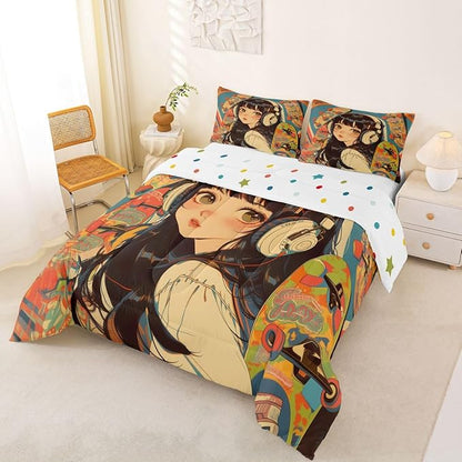 Erosebridal 3Pcs Anime Bedding Fashion Street Girls Comforter Set 3D Cartoon Printed Comfortable Soft Bed Set for Kids Boys Girls Teens Tattoo Watercolor Art Japanese Style Duvet Set King Size