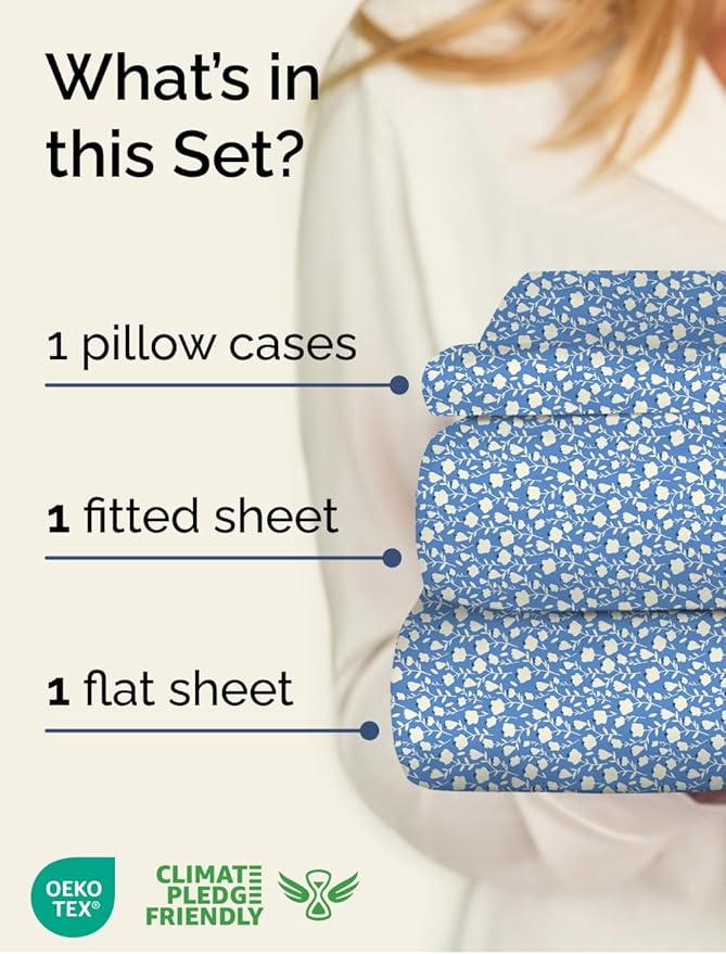 Floral Sheets - Blue & White Bed Sheet Set - 1 Flat, 1 Fitted & 1 Pillowcase w/ Deep Pockets - Comfy, Cozy, Wrinkle & Fade Free - Boho Botanical Bedding - Soft, Breathable & Cooling - Twin XL Size Set