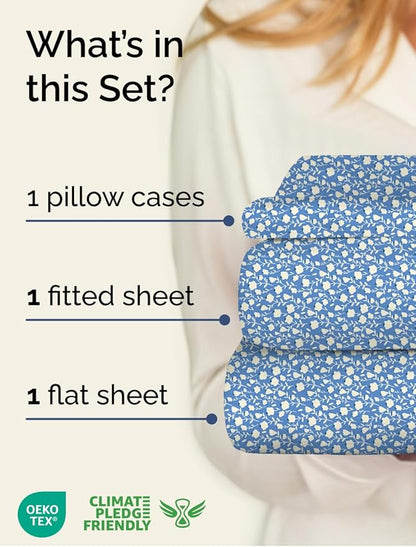 Floral Sheets - Blue & White Bed Sheet Set - 1 Flat, 1 Fitted & 1 Pillowcase w/ Deep Pockets - Comfy, Cozy, Wrinkle & Fade Free - Boho Botanical Bedding - Soft, Breathable & Cooling - Twin XL Size Set